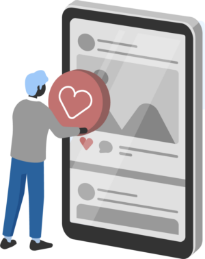 Vector illustration showing a person holding a pink disc with a white heart on it next to a smart phone showing graphs.