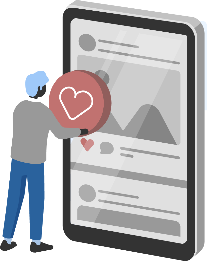 Vector illustration showing a person holding a pink disc with a white heart on it next to a smart phone showing graphs.