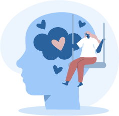 Vector illustration of a giant face turned to the side with a pink heart inside and a blue bubble around it with a small heart on the top left, the top right and bottom. There is a female character on a swing inside the giant face.