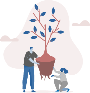 Vector illustration of a giant plant with a male character holding it up and a female character holding it from the bottom