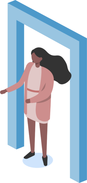 Vector illustration of a female character standing in a blue doorway with her arms outstretched.