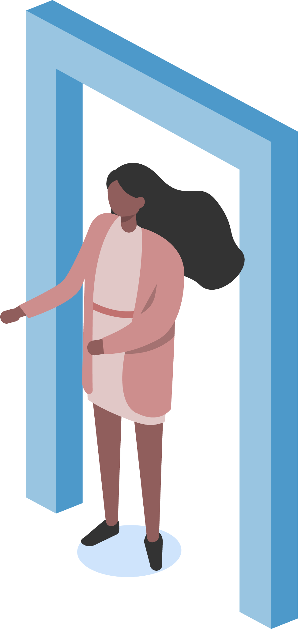 Vector illustration of a female character standing in a blue doorway with her arms outstretched.