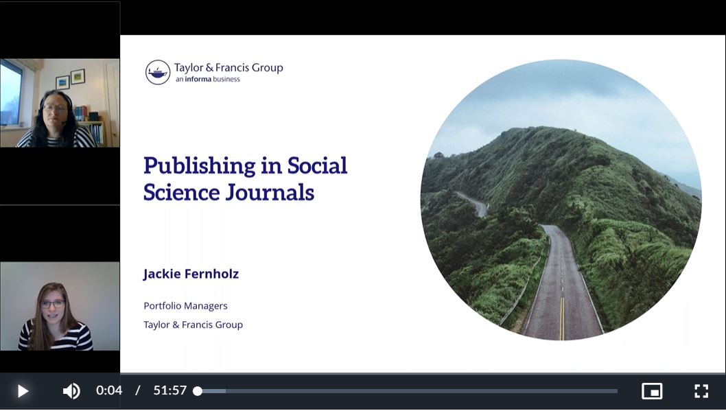 Screenshot of the publishing in social science journals research webinar introduction slide.