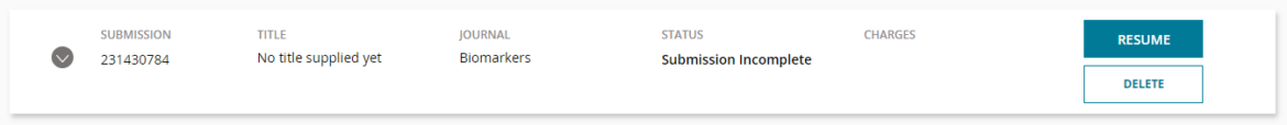 Screenshot of where the Resume button is located (top right of the screenshot) on the Submission Portal dashboard.