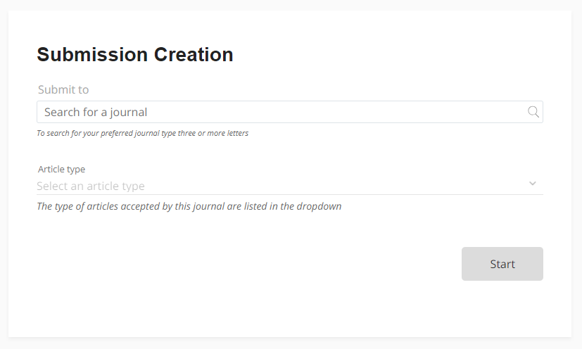 This image is a screenshot of what you will see when you log in to the Submission Portal, you will need to select the journal you want to submit to and the article type, then click Start.
