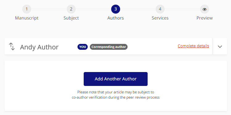 Screenshot of the 3rd page of the submission details, where you list all authors that contributed to the manuscript by using the Add Another Author button.