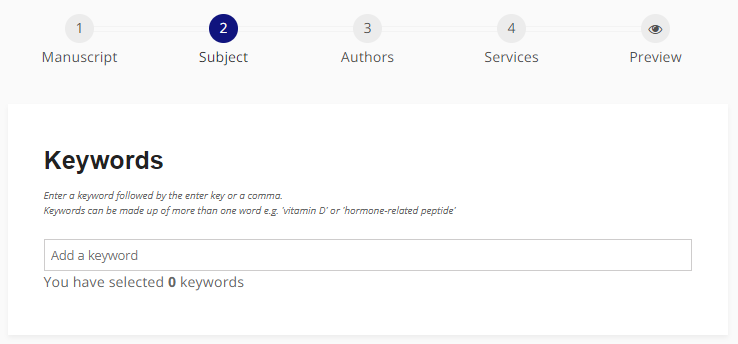 Screenshot of the second page of submission details on the Submission Portal, showing the Keywords section.
