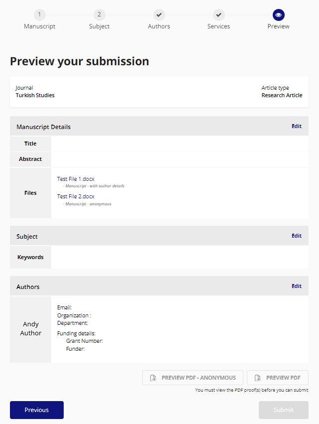 This screenshot shows the final, fifth page of the submission details. On this page you can preview your submission and responses to your submission questions before completing it.