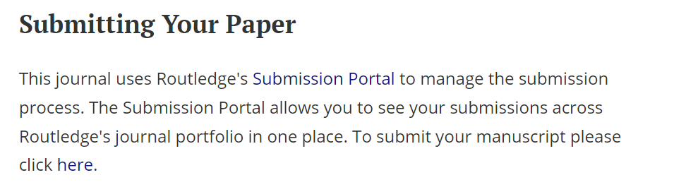 This screenshot shows the location of the Submission Portal hyperlink on the instructions for authors page (under the section Submitting Your Paper).