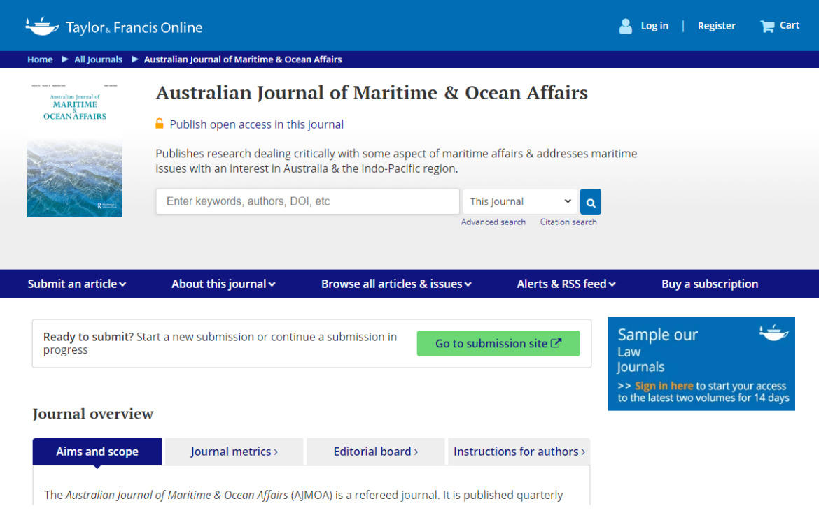 This is a screenshot of the Australian Journal of Maritime & Ocean Affairs journal homepage on Taylor & Francis Online, which shows where the Go to submission site button is (central on the page).